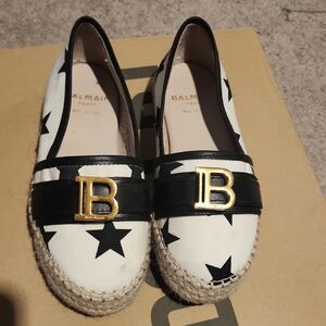 Balmain Black and White Star Espadrilles with Gold Accent